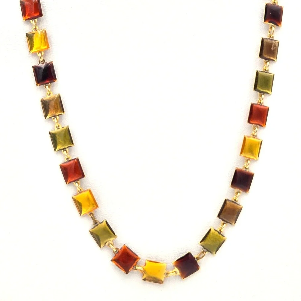 Vintage Earth Tone Enamel Square Station Necklace Gold Tone Long 36‎ Inch
